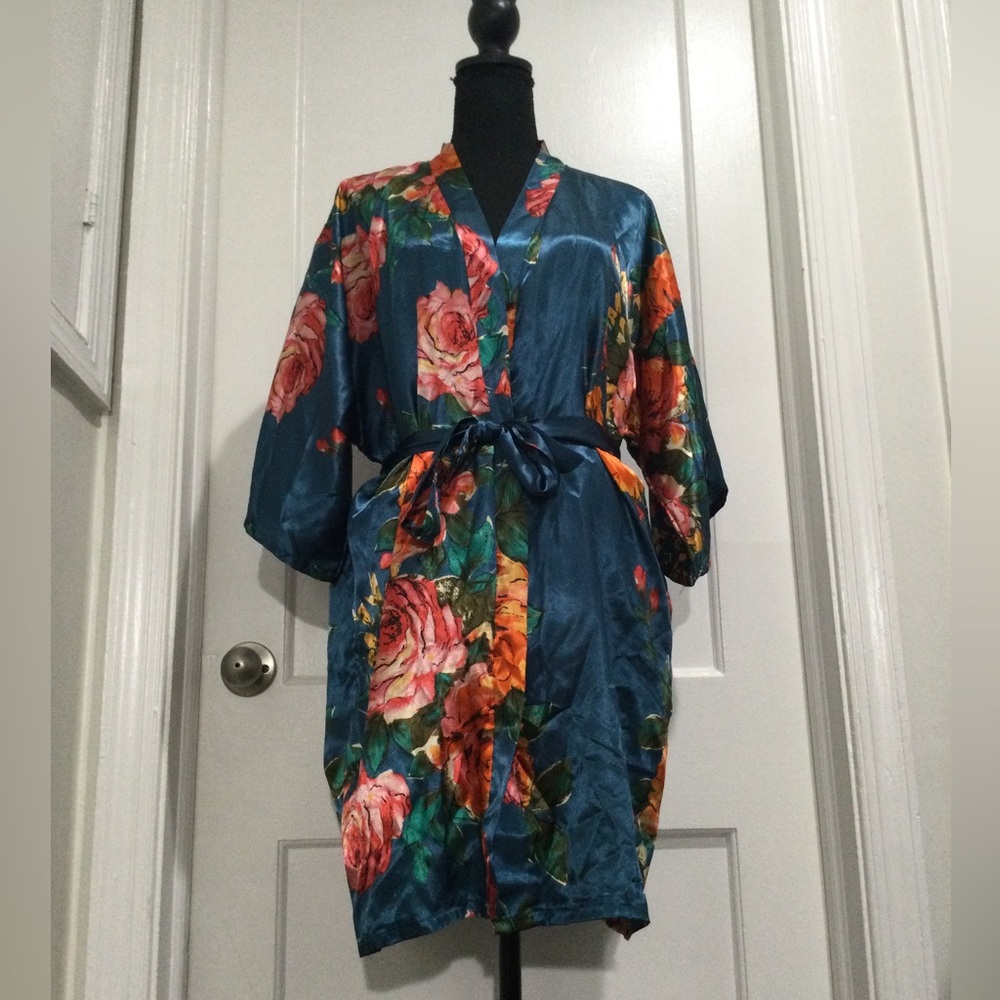 Satin floral print long robe